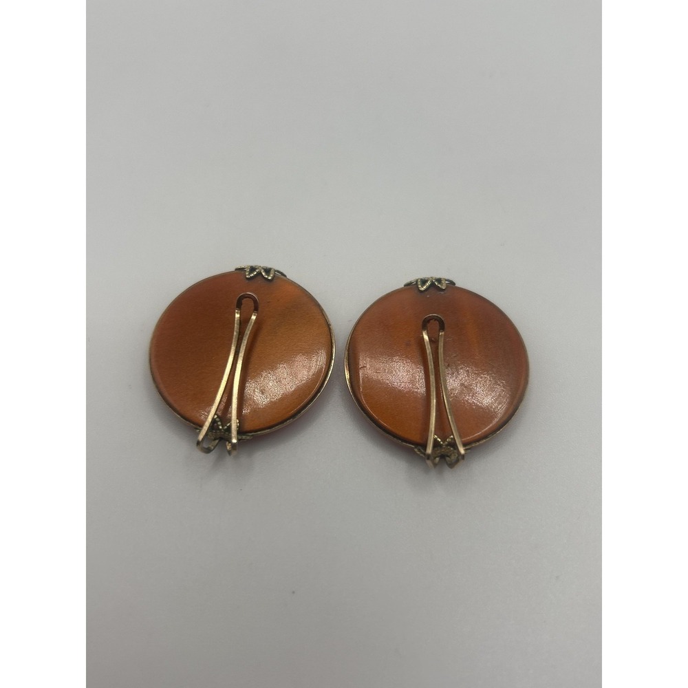 Vintage Hillcraft Brown Round Clip On Earrings Gold Tone Bow Button Style Womens